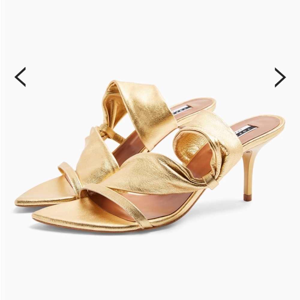 Topshop Gold Leather Heeled Sandals，Size 38/7.5